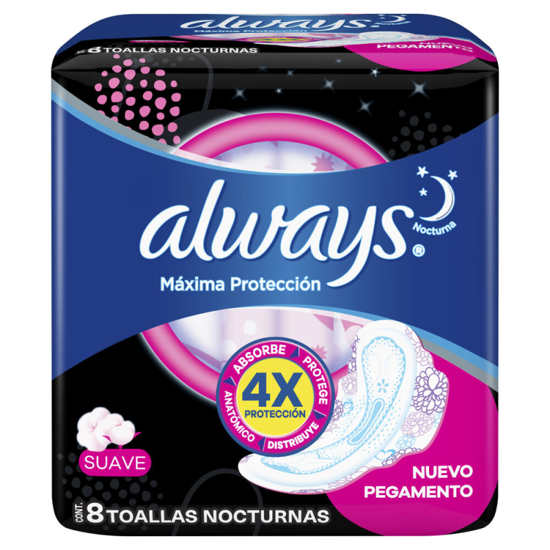ALWAYS TOALLAS 8U NOCHE SUAVE C/ALAS